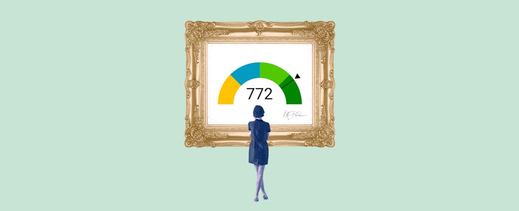 Illustration of a woman looking at a framed image of a 772 credit score.