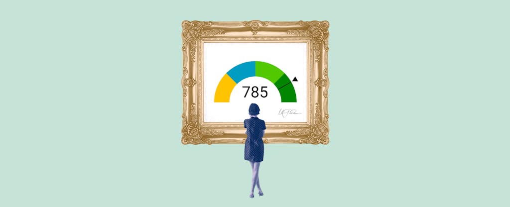 Illustration of a woman looking at a framed image of a 785 credit score.