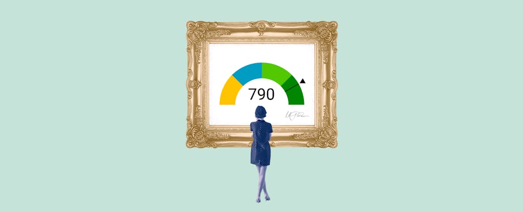 Illustration of a woman looking at a framed image of a 790 credit score.