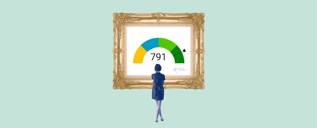Illustration of a woman looking at a framed image of a 791 credit score.