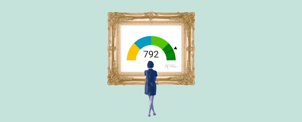 Illustration of a woman looking at a framed image of a 792 credit score.