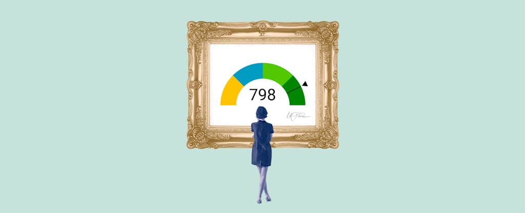 Illustration of a woman looking at a framed image of a 798 credit score.