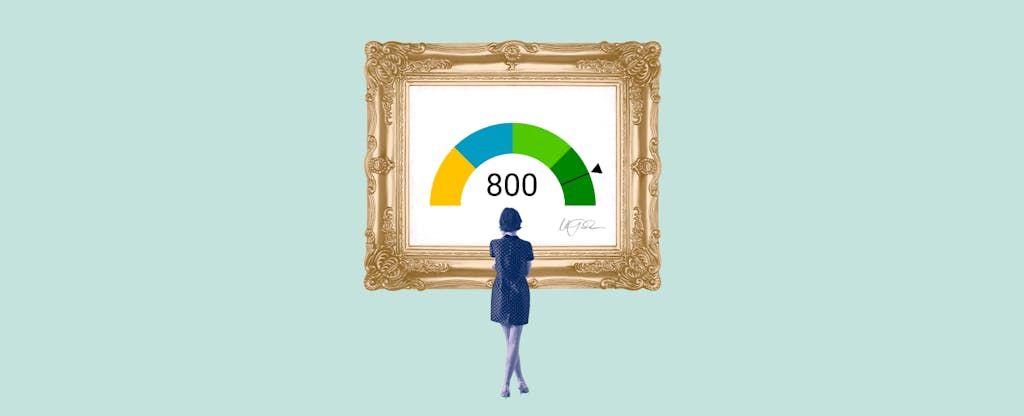 Illustration of a woman looking at a framed image of an 800 credit score.