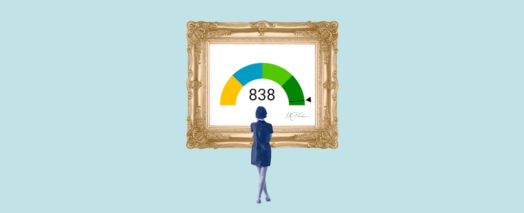 Illustration of a woman looking at a framed image of an 838 credit score.