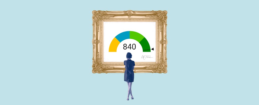Illustration of a woman looking at a framed image of an 840 credit score.