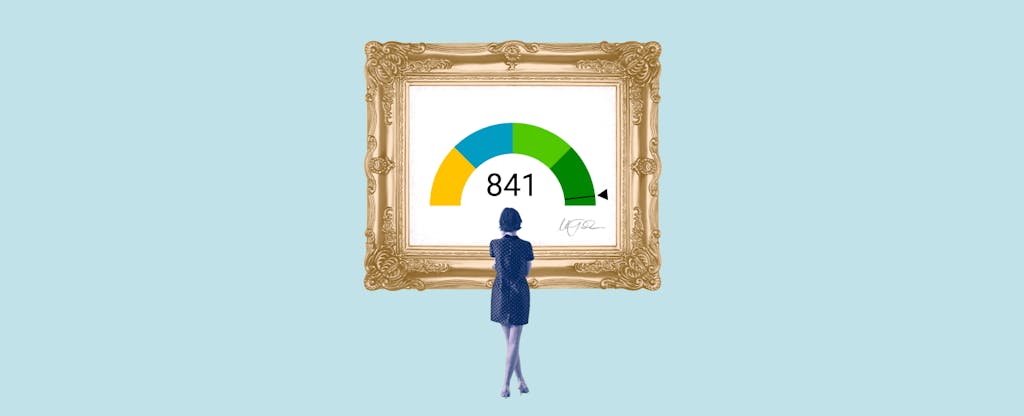 Illustration of a woman looking at a framed image of an 841 credit score.
