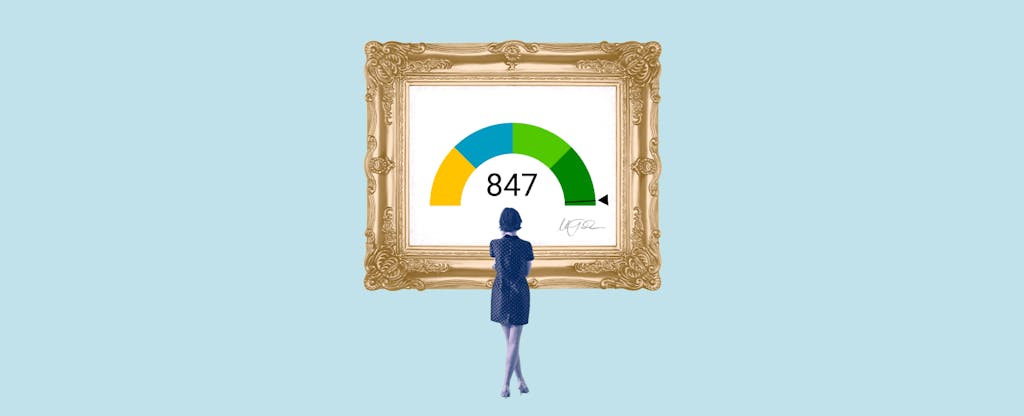 Illustration of a woman looking at a framed image of an 847 credit score.