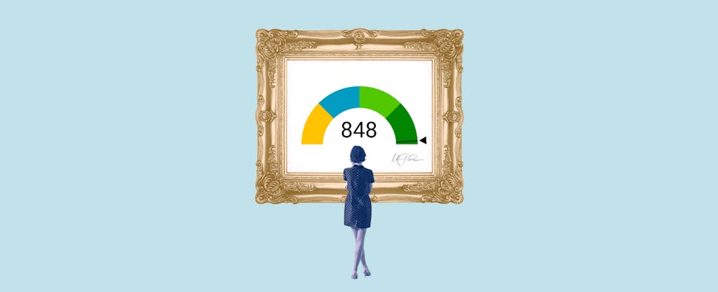 Illustration of a woman looking at a framed image of an 848 credit score.