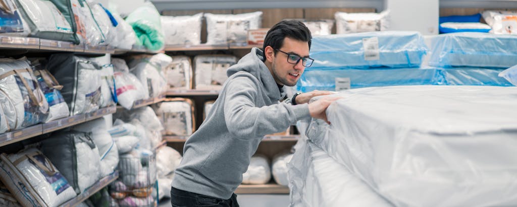Man shopping in mattress store, inspecting a mattress
