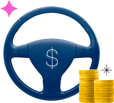 Car steering wheel shining with coins stacked next to it indicating auto related savings could be found with auto calculators