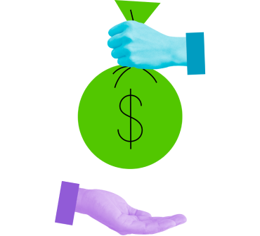 Hand giving a bag of money to another hand representing a personal loan