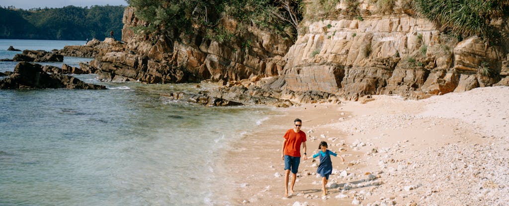 A father and small child walk along a beach in the sunshine.
