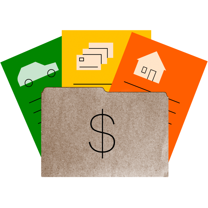 File folder with auto, credit card and home loans in it