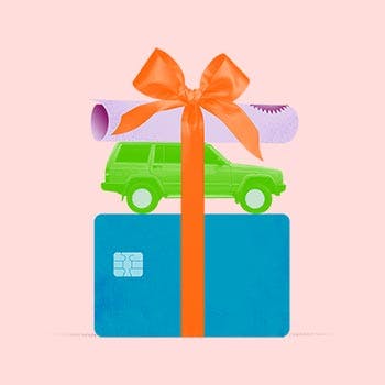 Debt Consolidation Icon Pink with wrapped credit card car and house title