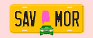 Illustration of a license plate with the shape of the state of Alabama in the center, with text in the style of a license plate number that reads "SAV MOR"