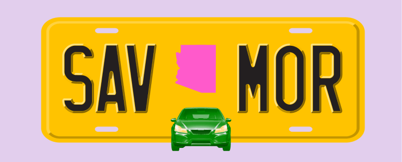 Illustration of yellow license plate, with letters that indicate "Save More," and an outline of Arizona in the middle