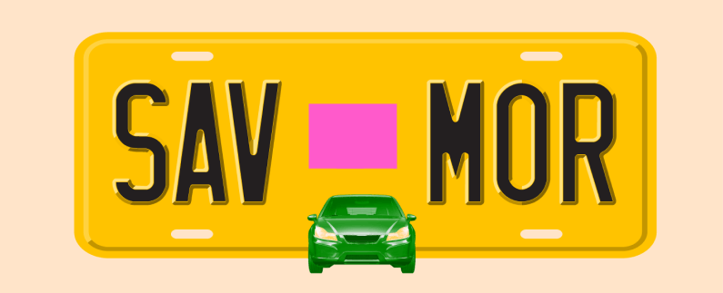 Illustration of a yellow license plate that says Save More, with the outline of Colorado in the middle