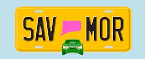 Illustration of a license plate with the shape of the state of Connecticut in the center, with text in the style of a license plate number that reads "SAV MOR"