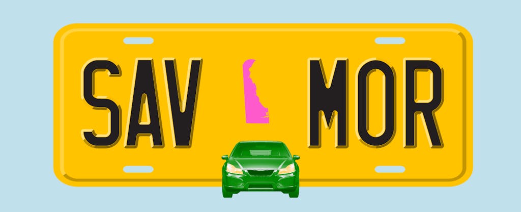 Illustration of a license plate with the shape of the state of Delaware in the center, with text in the style of a license plate number that reads "SAV MOR"