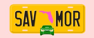 Illustration of a license plate with the shape of the state of Florida in the center, with text in the style of a license plate number that reads "SAV MOR"