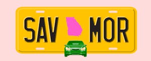 Illustration of a license plate with the shape of the state of Georgia in the center, with text in the style of a license plate number that reads "SAV MOR"