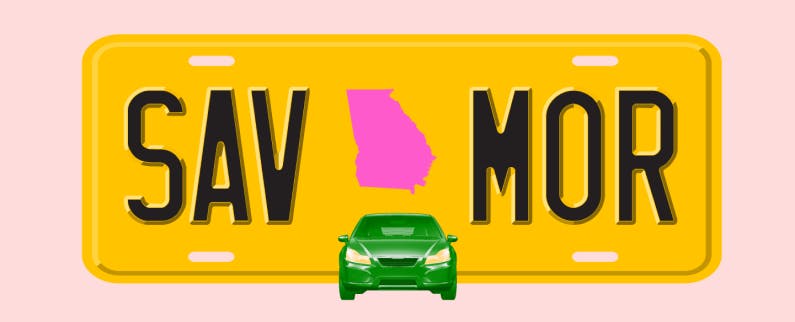 Illustration of a license plate with the shape of the state of Georgia in the center, with text in the style of a license plate number that reads "SAV MOR"