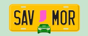 Illustration of a license plate with the shape of the state of Indiana in the center, with text in the style of a license plate number that reads "SAV MOR"