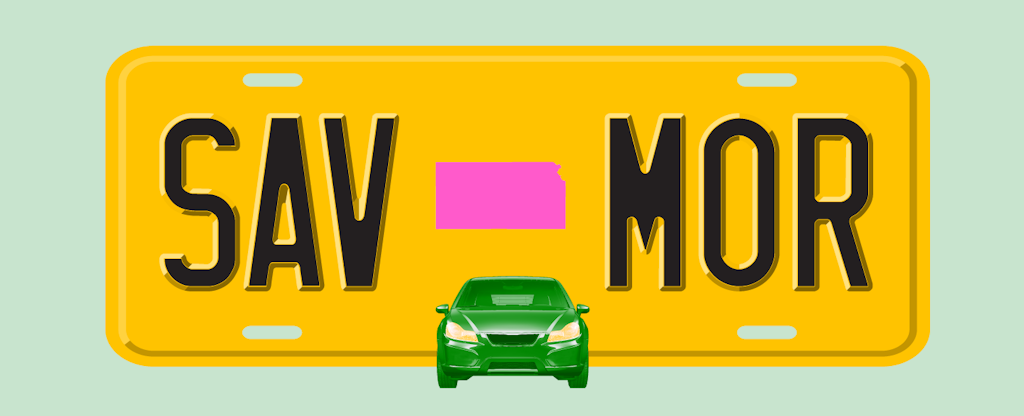 Illustration of a license plate with the shape of the state of Kansas in the center, with text in the style of a license plate number that reads "SAV MOR"