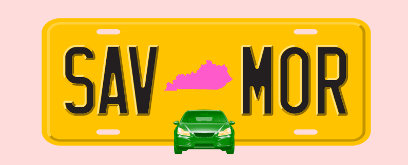 Illustration of a license plate with the shape of the state of Kentucky in the center, with text in the style of a license plate number that reads "SAV MOR"