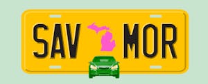 Illustration of yellow license plate, with Save More on it, and the outline of Michigan in the center