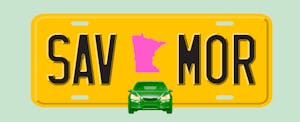 Illustration of a license plate with the shape of the state of Minnesota in the center, with text in the style of a license plate number that reads "SAV MOR"