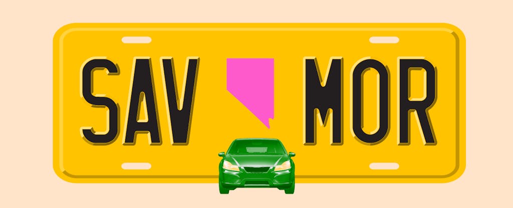 Illustration of a yellow license plate that says Save More with an outline of Nevada in the middle.