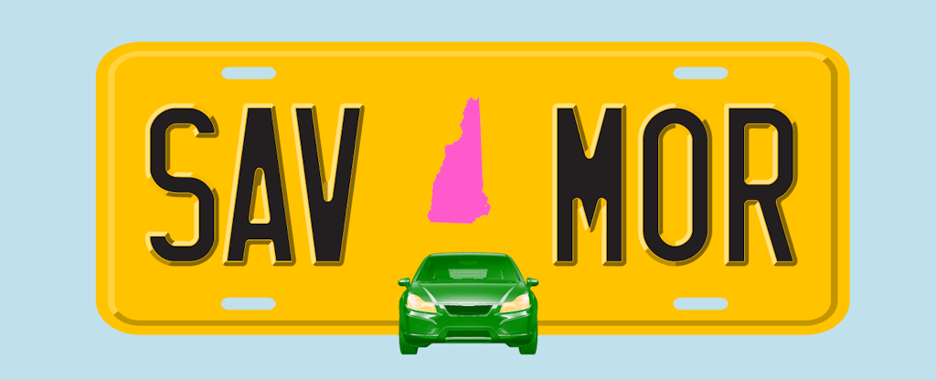 Illustration of a license plate with the shape of the state of New Hampshire in the center, with text in the style of a license plate number that reads "SAV MOR"