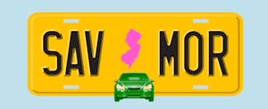 Illustration of a license plate with the shape of the state of New Jersey in the center, with text in the style of a license plate number that reads "SAV MOR"
