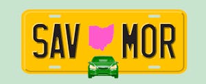 Illustration of a license plate with the shape of the state of Ohio in the center, with text in the style of a license plate number that reads "SAV MOR"