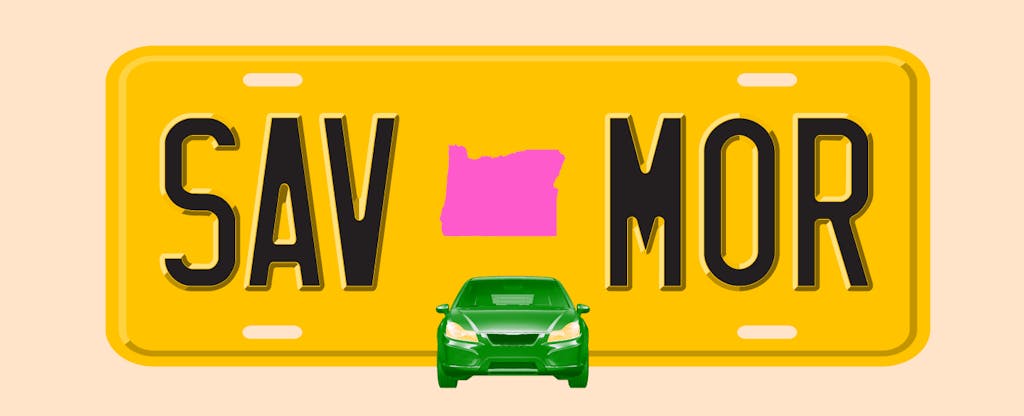 Illustration of a license plate with the shape of the state of Oregon in the center, with text in the style of a license plate number that reads "SAV MOR"