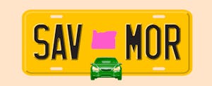 Illustration of a license plate with the shape of the state of Oregon in the center, with text in the style of a license plate number that reads "SAV MOR"