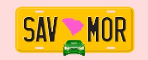 Illustration of a license plate with the shape of the state of South Carolina in the center, with text in the style of a license plate number that reads "SAV MOR"