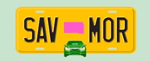 Illustration of a license plate with the shape of the state of South Dakota in the center, with text in the style of a license plate number that reads "SAV MOR"