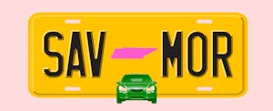 Illustration of a license plate with the shape of the state of Tennessee in the center, with text in the style of a license plate number that reads "SAV MOR"