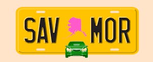 Illustration of a license plate with the shape of the state of Alaska in the center, with text in the style of a license plate number that reads "SAV MOR"