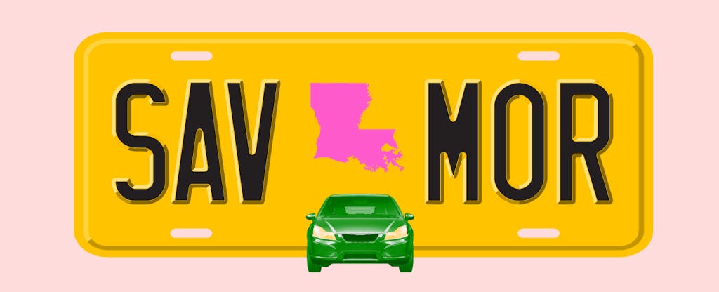 Illustration of a license plate with the shape of the state of Louisiana in the center, with text in the style of a license plate number that reads "SAV MOR"