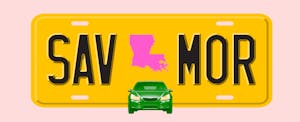 Illustration of a license plate with the shape of the state of Louisiana in the center, with text in the style of a license plate number that reads "SAV MOR"