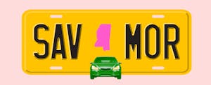 Illustration of a license plate with the shape of the state of Mississippi in the center, with text in the style of a license plate number that reads "SAV MOR"
