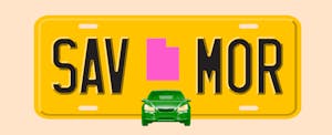 Illustration of a license plate with the shape of the state of Utah in the center, with text in the style of a license plate number that reads "SAV MOR"