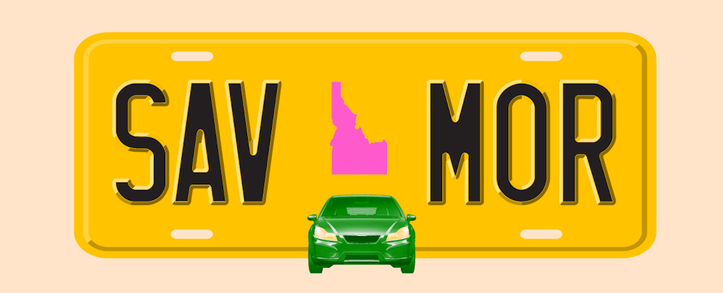 Illustration of a license plate with the shape of the state of Idaho in the center, with text in the style of a license plate number that reads "SAV MOR"