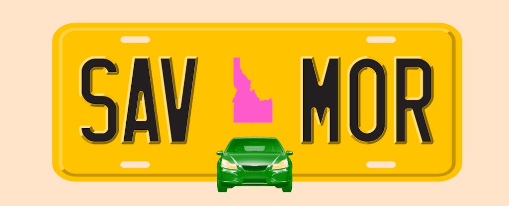 Illustration of a license plate with the shape of the state of Idaho in the center, with text in the style of a license plate number that reads "SAV MOR"